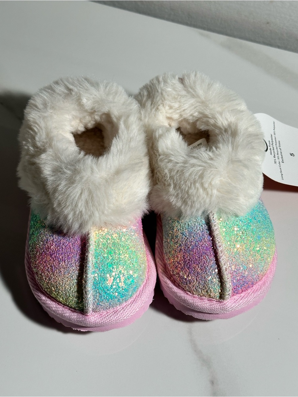 wonder nation Pastel Rainbow Glitter Faux-Fur Cuff Kids Slip-On Slippers